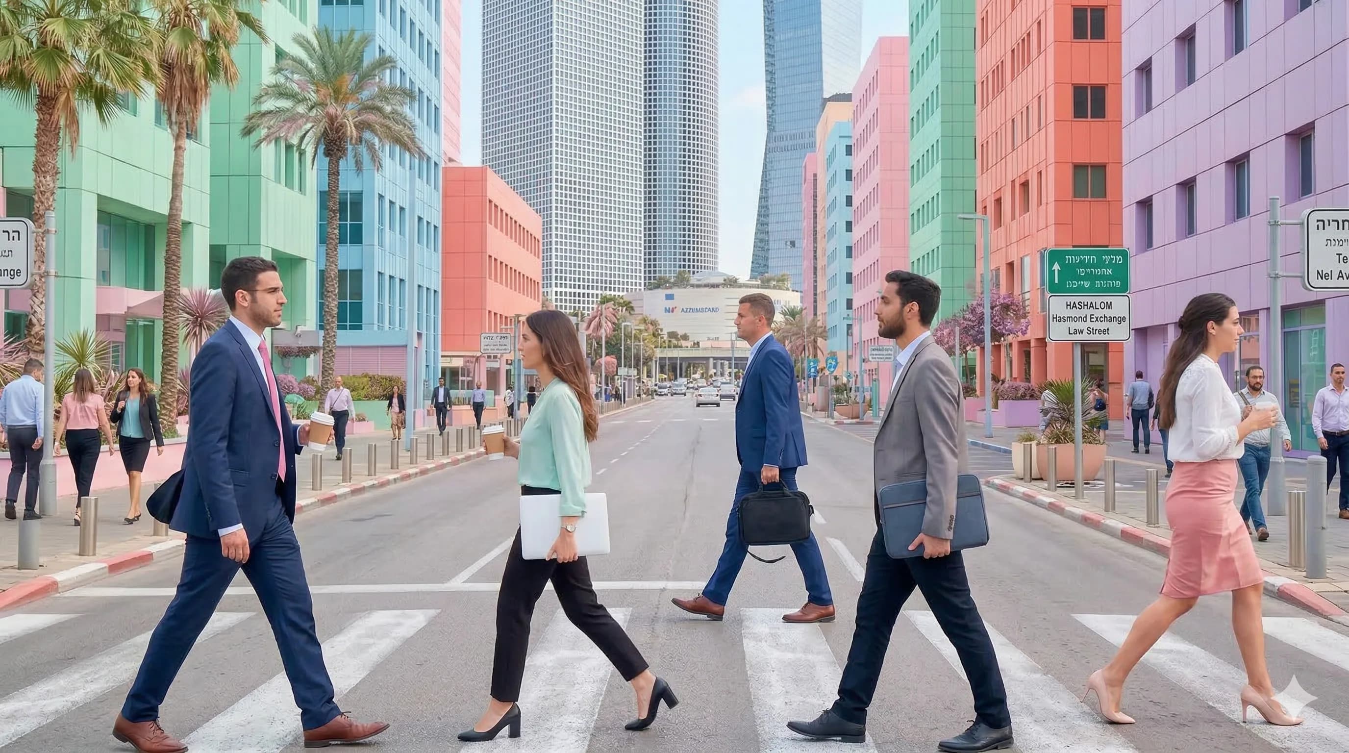 Compliance professionals crossing a street in Tel Aviv